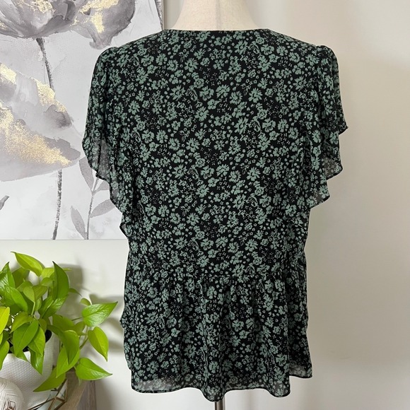 Madewell Green Floral V-Neck Flutter Sleeve‎ Boho Peplum Blouse Cottage Romantic - Picture 5 of 8
